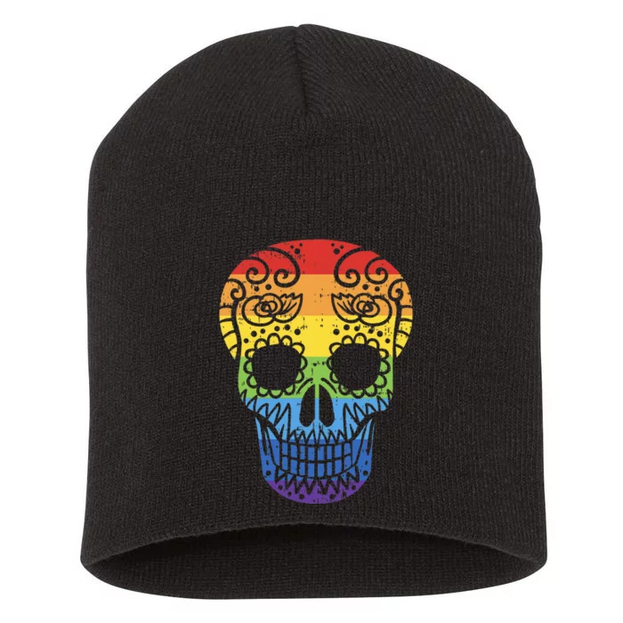 Colorful Sugar Skull LGBT Halloween Day Of The Dead LGBTQ+ Pride Short Acrylic Beanie