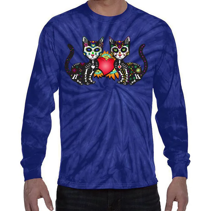 Cute Sugar Skull Cat Duo Heart Mexican Dia De Los Muertos Tie-Dye Long Sleeve Shirt