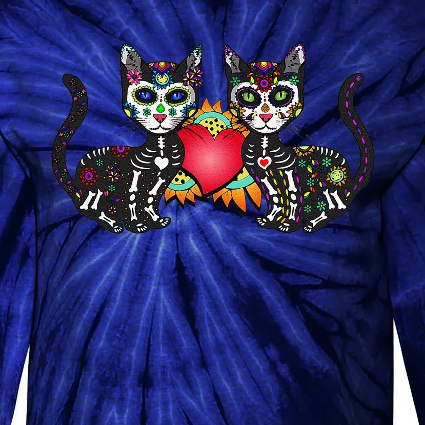 Cute Sugar Skull Cat Duo Heart Mexican Dia De Los Muertos Tie-Dye Long Sleeve Shirt