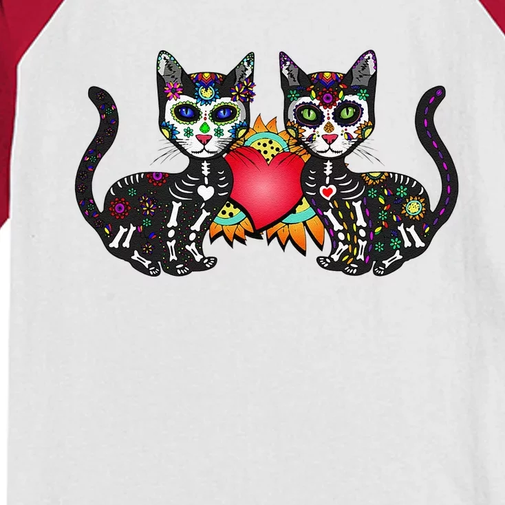 Cute Sugar Skull Cat Duo Heart Mexican Dia De Los Muertos Kids Colorblock Raglan Jersey