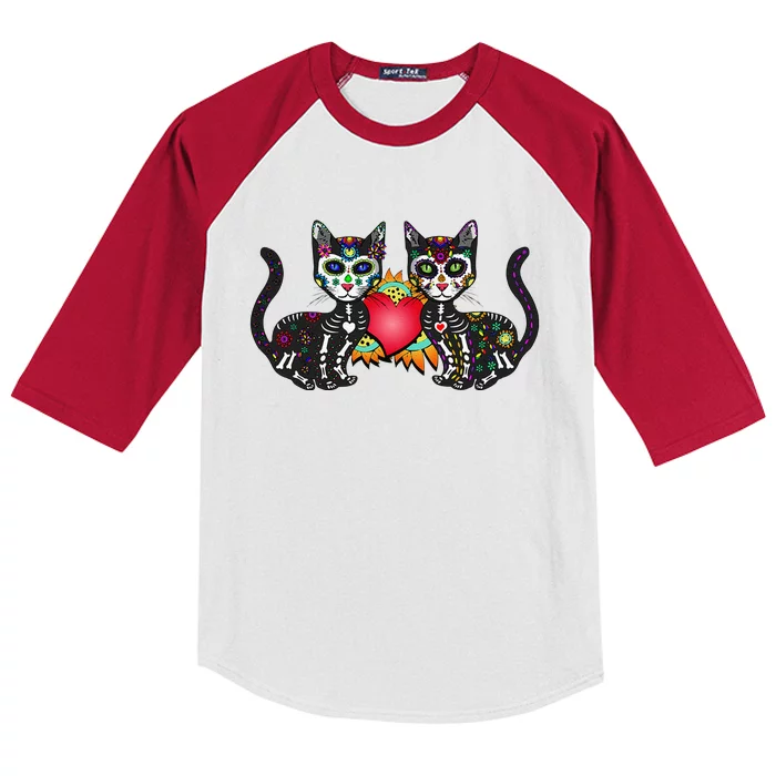 Cute Sugar Skull Cat Duo Heart Mexican Dia De Los Muertos Kids Colorblock Raglan Jersey