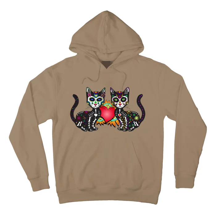 Cute Sugar Skull Cat Duo Heart Mexican Dia De Los Muertos Hoodie