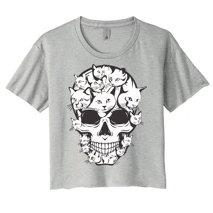 Cat Skull Skeleton Head Cats Scary Goth Punk Horror Kittys Women's Crop Top Tee