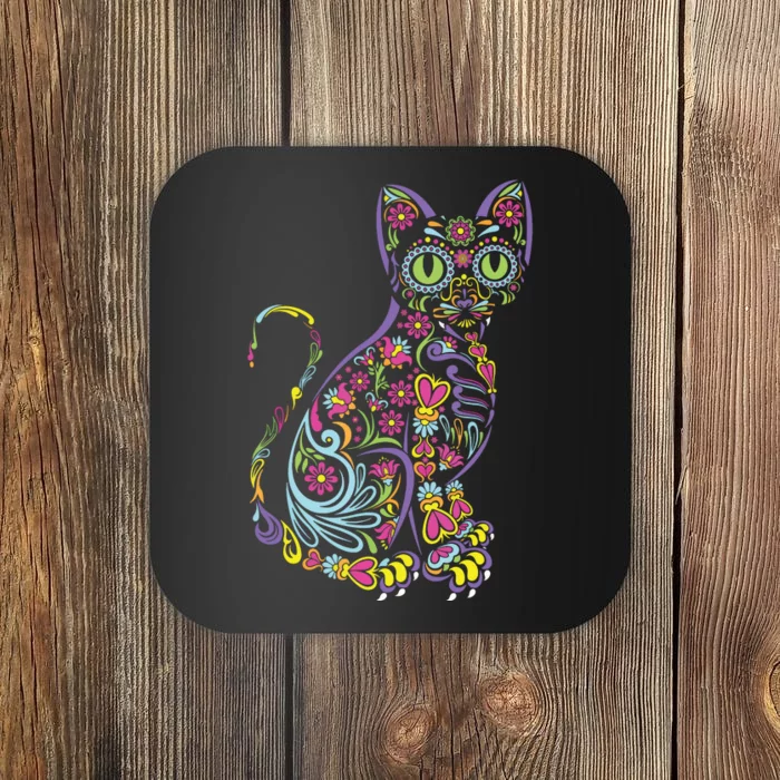 Cat Sugar Skull Dia De Los Muertos Cute Mexican Day Of Dead Coaster