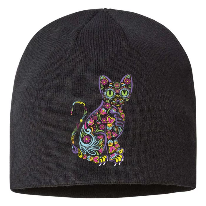 Cat Sugar Skull Dia De Los Muertos Cute Mexican Day Of Dead 8 1/2in Sustainable Knit Beanie