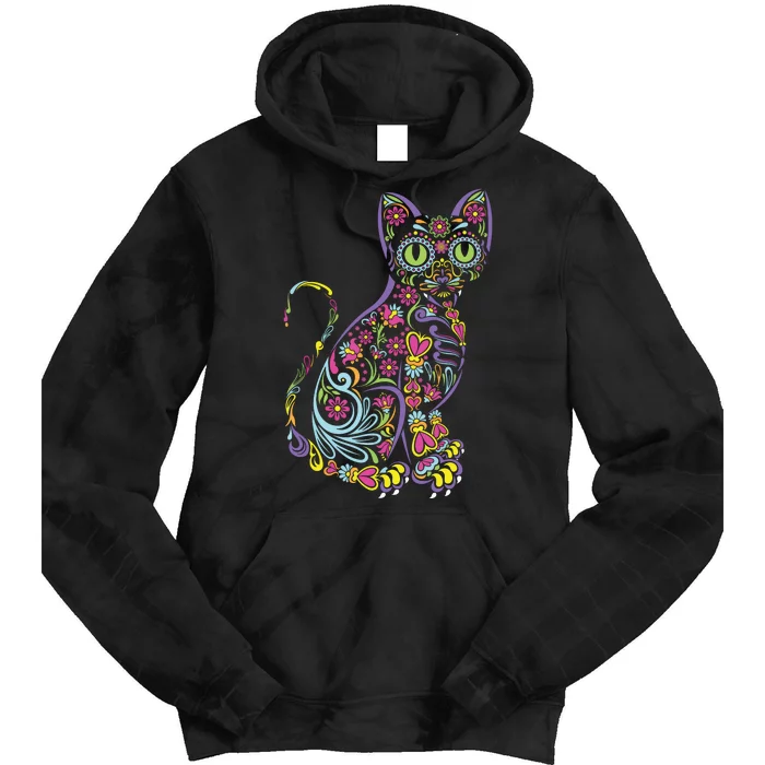 Cat Sugar Skull Dia De Los Muertos Cute Mexican Day Of Dead Tie Dye Hoodie