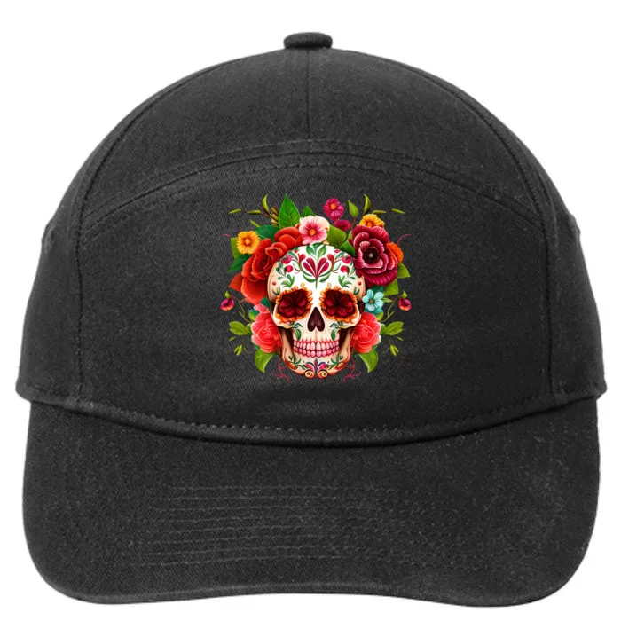 Colorful Sugar Skull Watercolor Clipart 7-Panel Snapback Hat