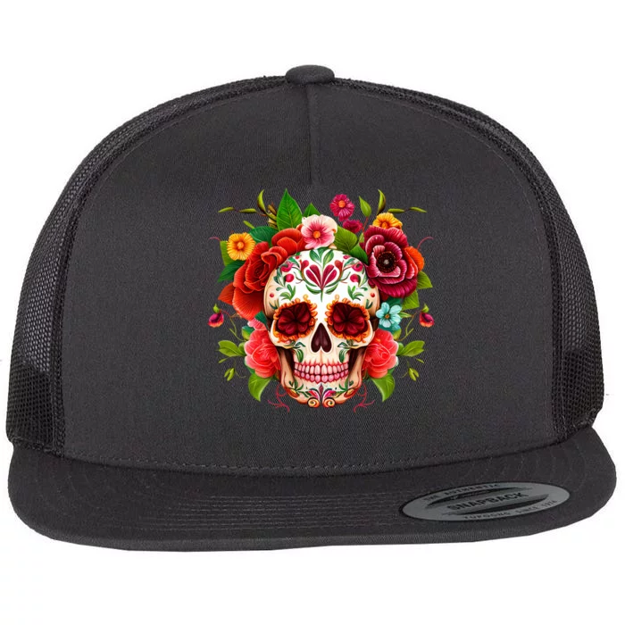 Colorful Sugar Skull Watercolor Clipart Flat Bill Trucker Hat