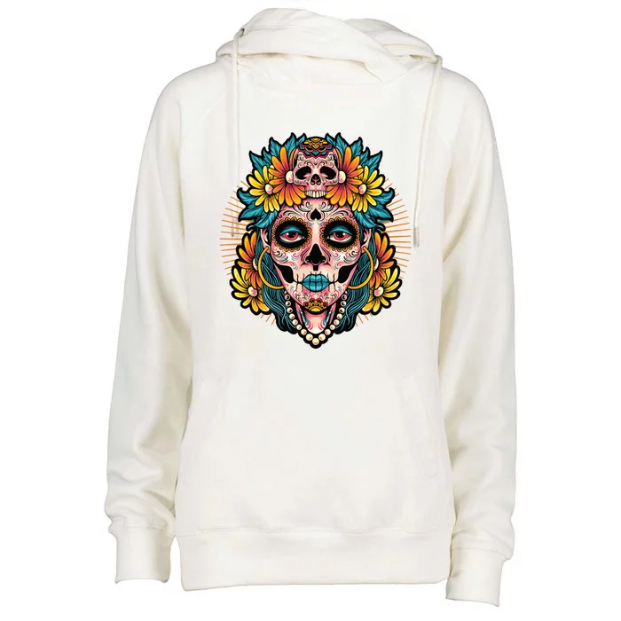 Catrina Sugar Skull Dia De Los Muertos Womens Funnel Neck Pullover Hood