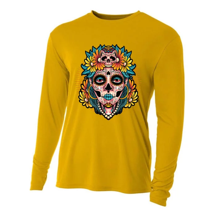 Catrina Sugar Skull Dia De Los Muertos Cooling Performance Long Sleeve Crew