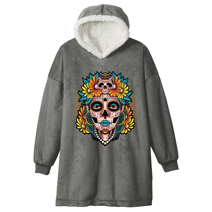 Catrina Sugar Skull Dia De Los Muertos Hooded Wearable Blanket