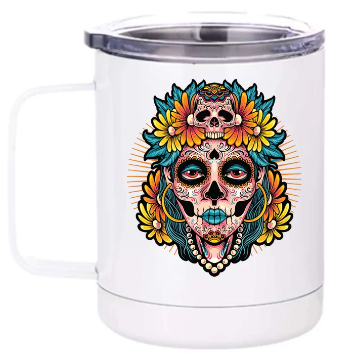 Catrina Sugar Skull Dia De Los Muertos Front & Back 12oz Stainless Steel Tumbler Cup