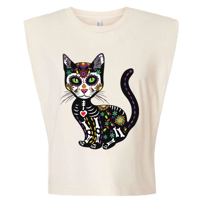 Cute Sugar Skull Mexican Cat Halloween Day Of The Dead Garment-Dyed Women's Muscle Tee