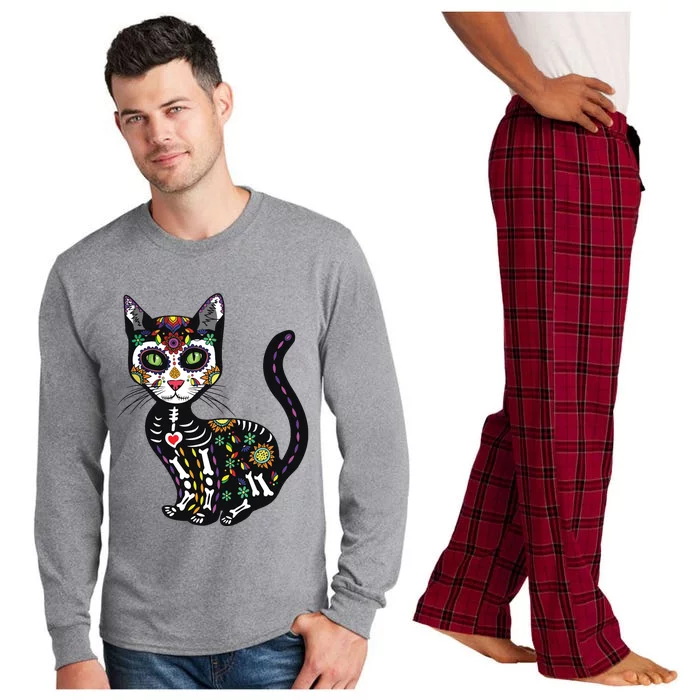 Cute Sugar Skull Mexican Cat Halloween Day Of The Dead Long Sleeve Pajama Set