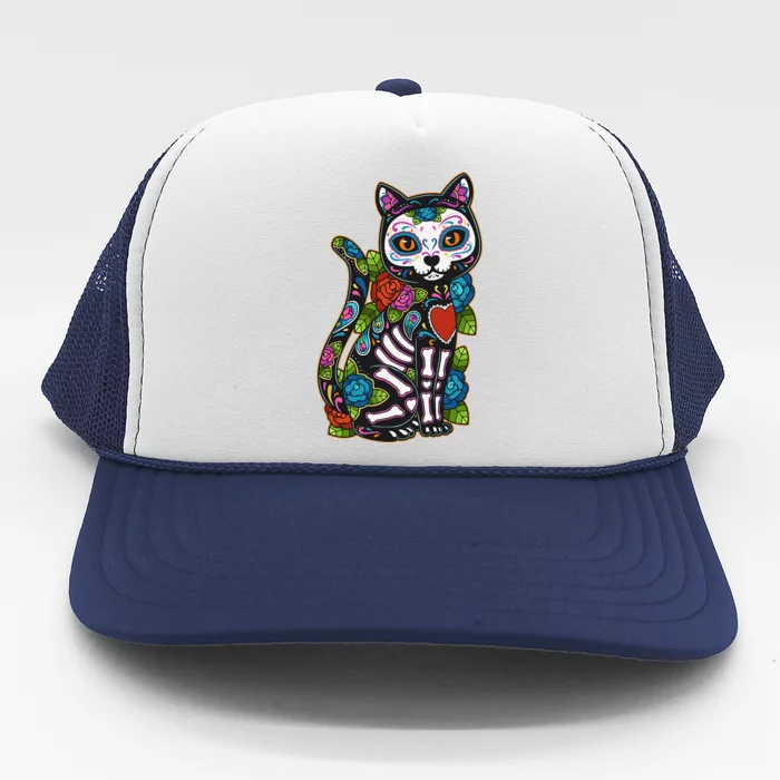 Cat Sugar Skull Mexico Calavera Dia De Los Muertos Halloween Trucker Hat