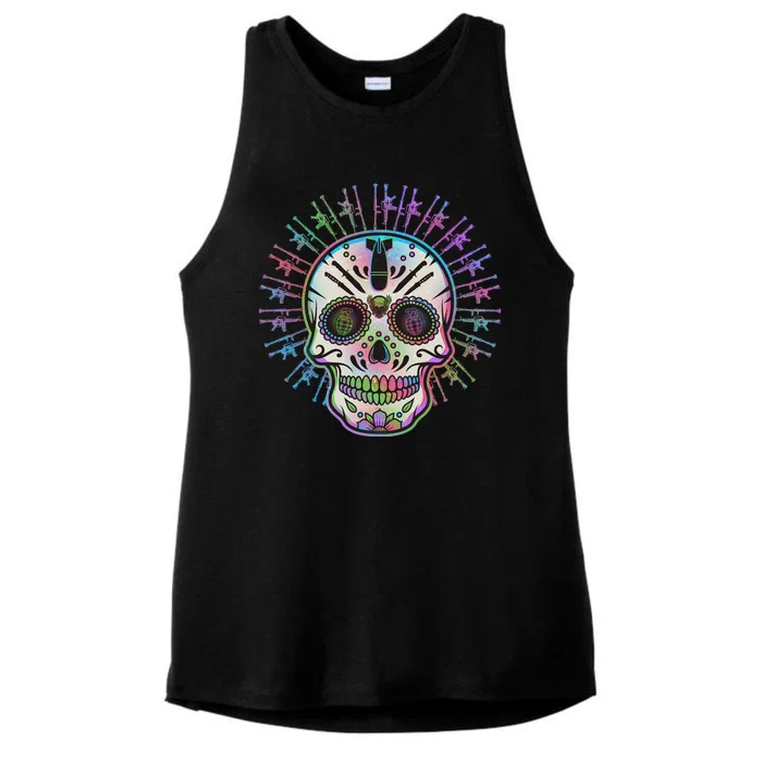 Colorful Sugar Skull Weapons Ladies Tri-Blend Wicking Tank