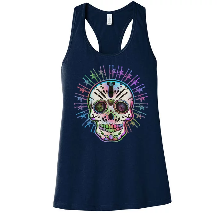 Colorful Sugar Skull Weapons Women's Racerback Tank