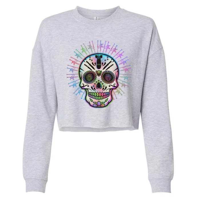 Colorful Sugar Skull Weapons Cropped Pullover Crew