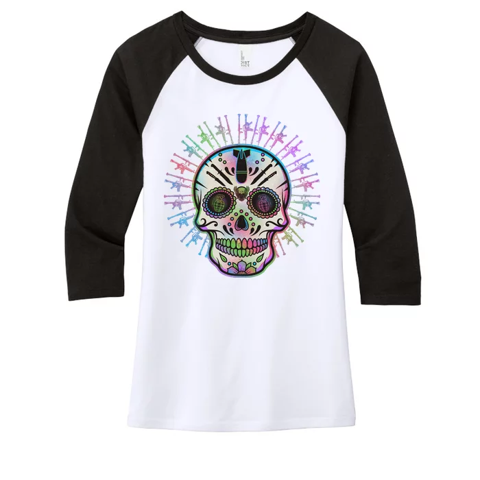 Colorful Sugar Skull Weapons Women's Tri-Blend 3/4-Sleeve Raglan Shirt