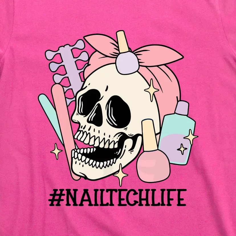 Cute Skeleton Spooky Nail Tech Messy Bun Halloween Nail Tech For Girls Gift T-Shirt