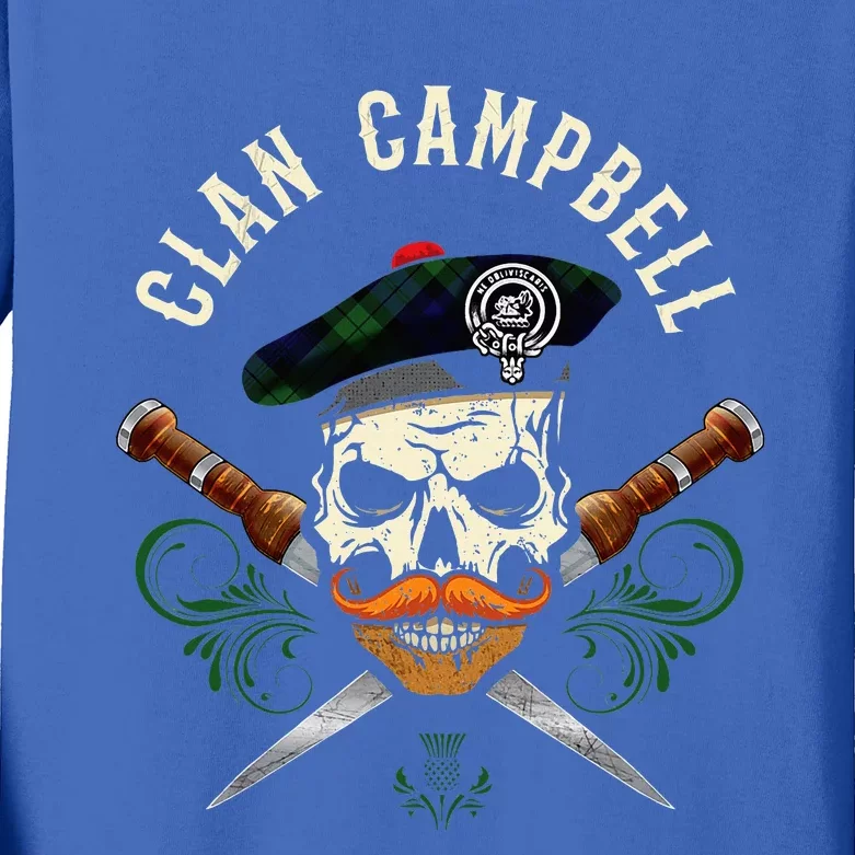 Campbell Surname Scottish Clan Skull Tam Dirks Tartan Badge Kids Long Sleeve Shirt