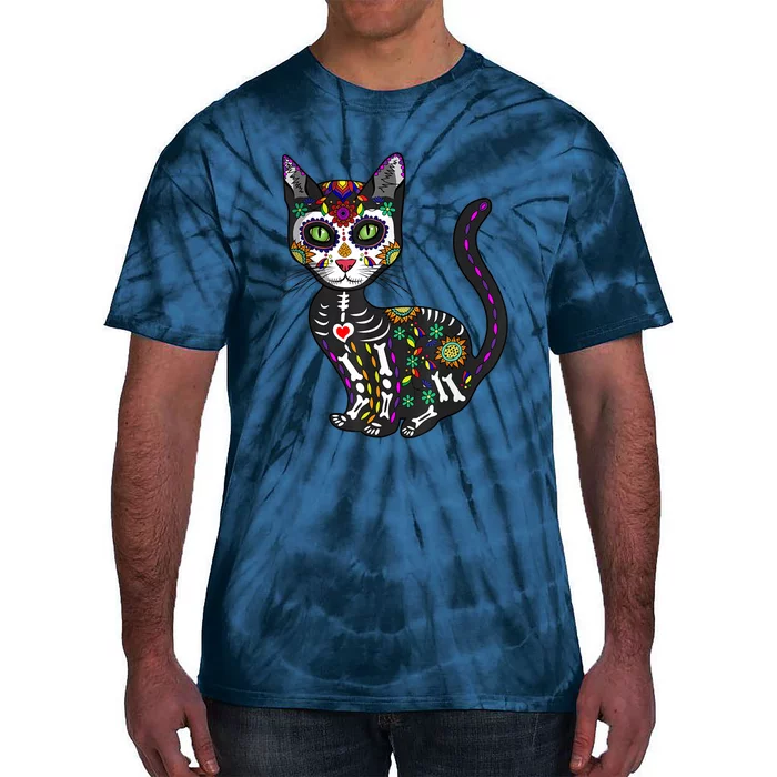 Cute Sugar Skull Mexican Cat Halloween Day Of The Dead Tie-Dye T-Shirt