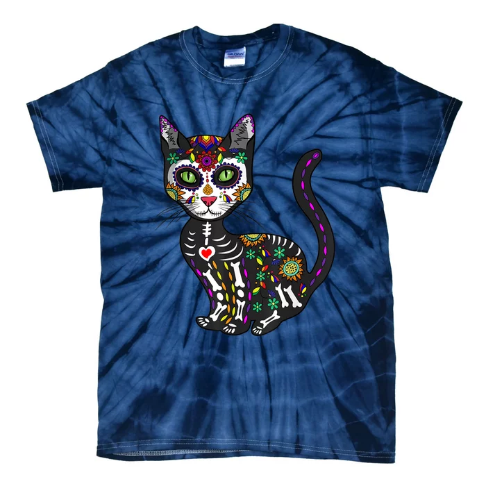 Cute Sugar Skull Mexican Cat Halloween Day Of The Dead Tie-Dye T-Shirt