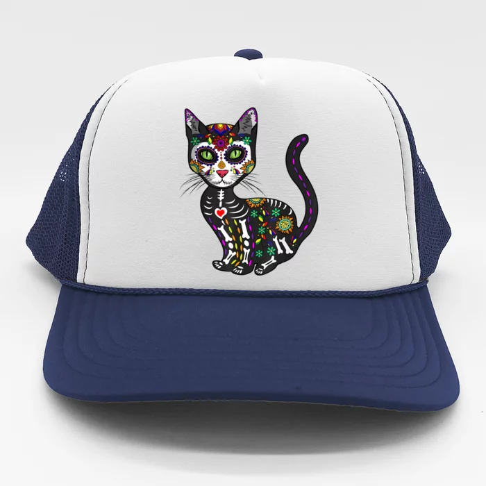 Cute Sugar Skull Mexican Cat Halloween Day Of The Dead Trucker Hat