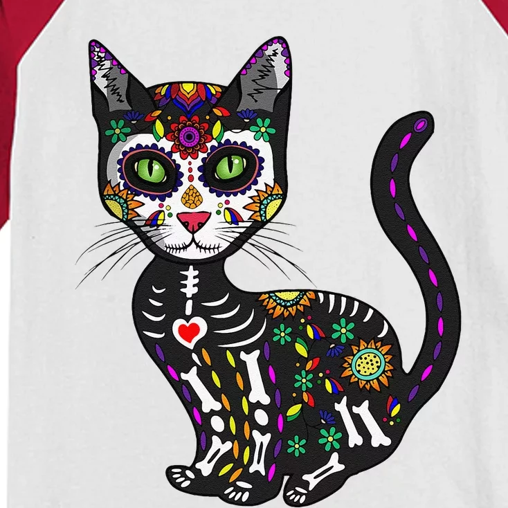 Cute Sugar Skull Mexican Cat Halloween Day Of The Dead Kids Colorblock Raglan Jersey