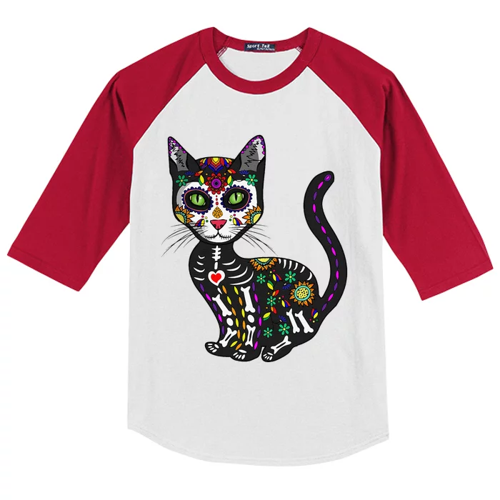 Cute Sugar Skull Mexican Cat Halloween Day Of The Dead Kids Colorblock Raglan Jersey