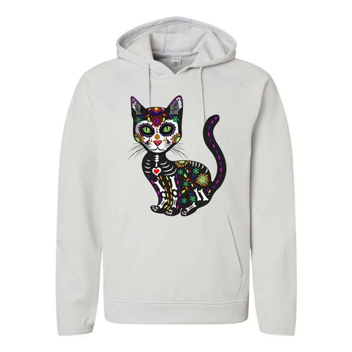 Cute Sugar Skull Mexican Cat Halloween Day Of The Dead Performance Fleece Hoodie