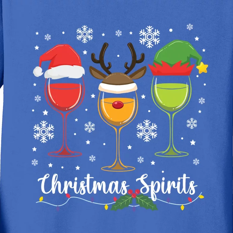 Christmas Spirits Santa Reindeer Elf And Glasses Of Red Wine Cute Gift Kids Long Sleeve Shirt