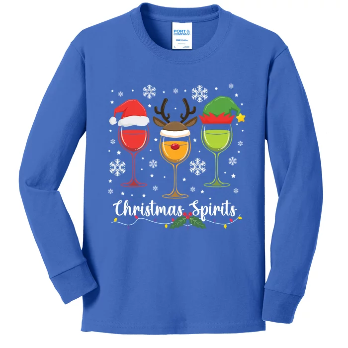 Christmas Spirits Santa Reindeer Elf And Glasses Of Red Wine Cute Gift Kids Long Sleeve Shirt