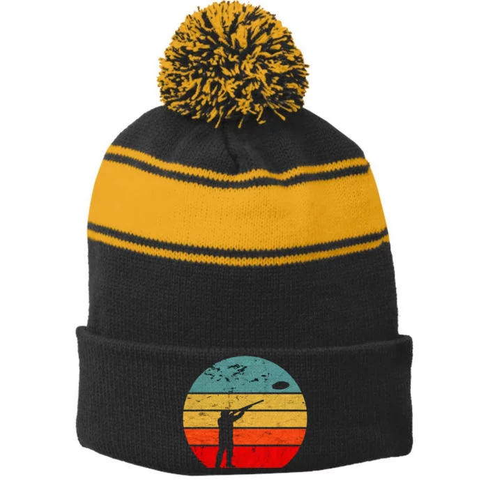 Clay Skeet Shooting Trap Shooting Retro Vintage Sunset Stripe Pom Pom Beanie