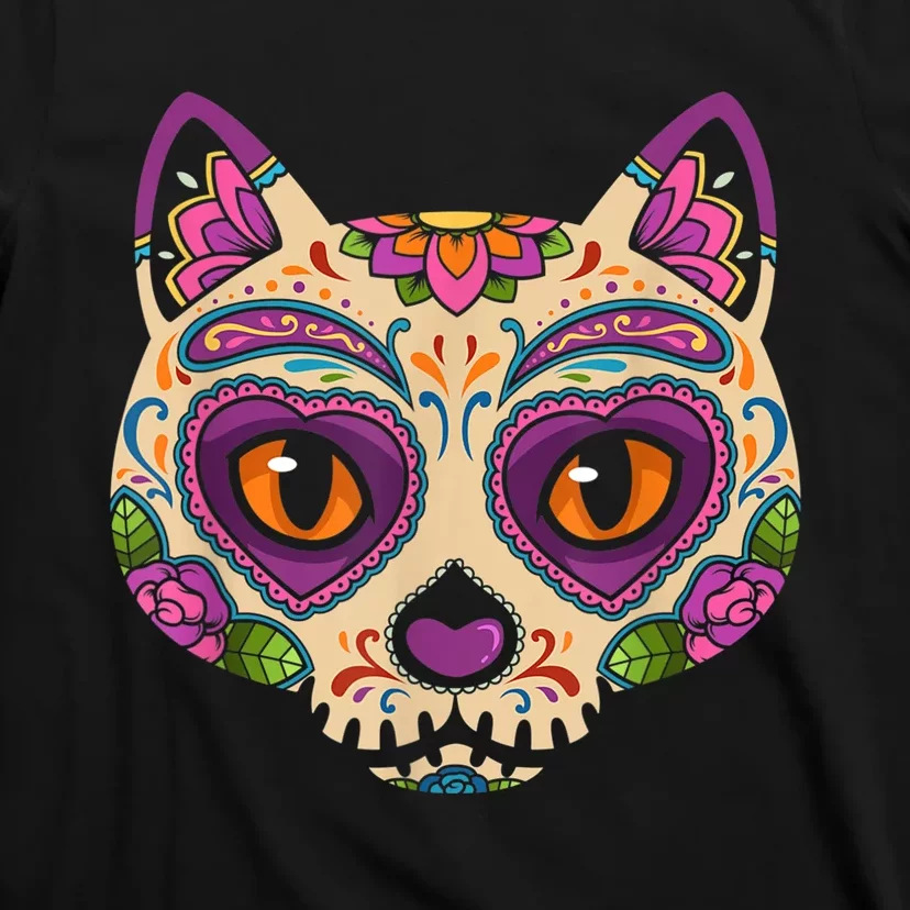 Cat Sugar Skull Mexico Calavera Dia De Los Muertos Halloween T-Shirt