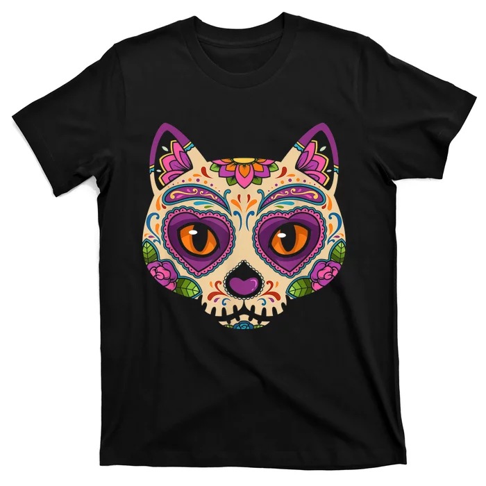 Cat Sugar Skull Mexico Calavera Dia De Los Muertos Halloween T-Shirt