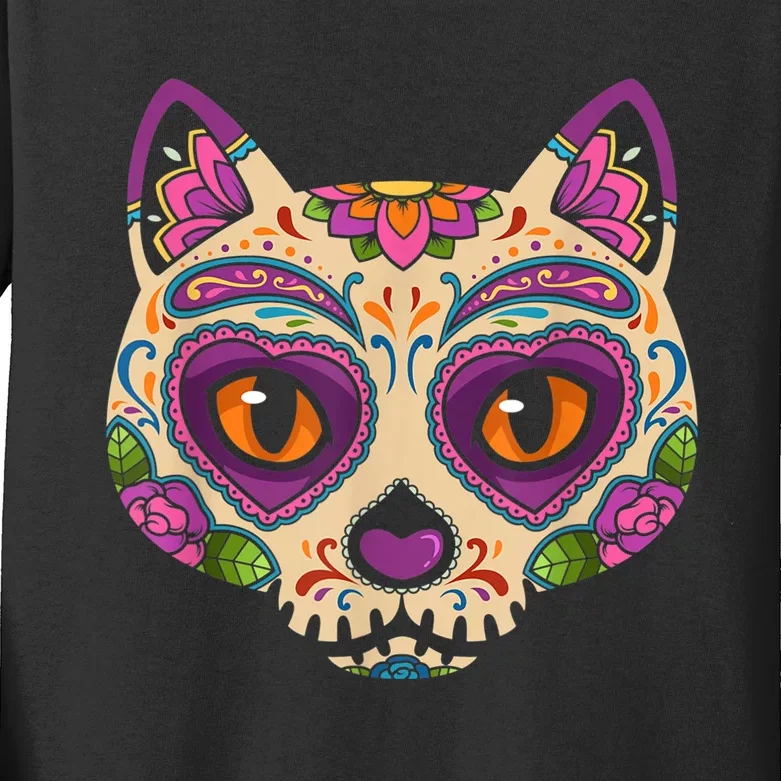 Cat Sugar Skull Mexico Calavera Dia De Los Muertos Halloween Kids Long Sleeve Shirt