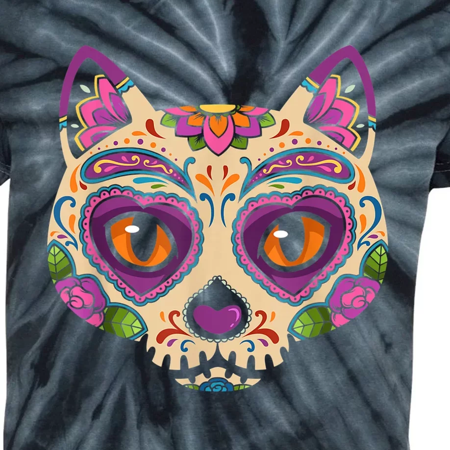 Cat Sugar Skull Mexico Calavera Dia De Los Muertos Halloween Kids Tie-Dye T-Shirt