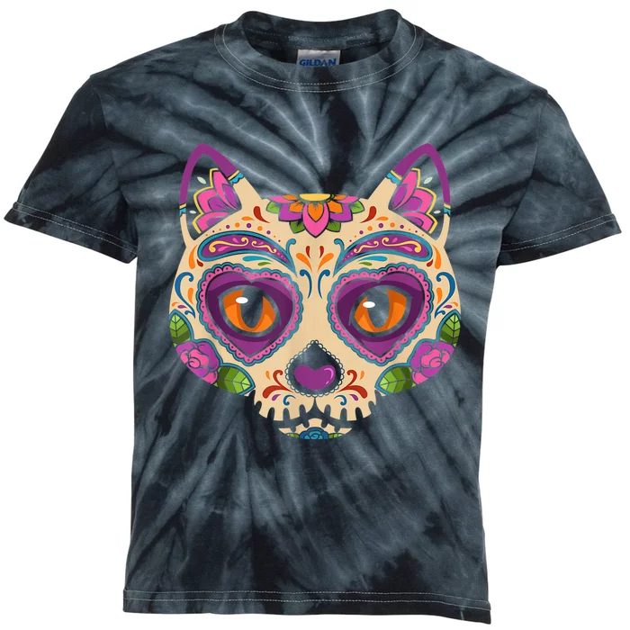 Cat Sugar Skull Mexico Calavera Dia De Los Muertos Halloween Kids Tie-Dye T-Shirt