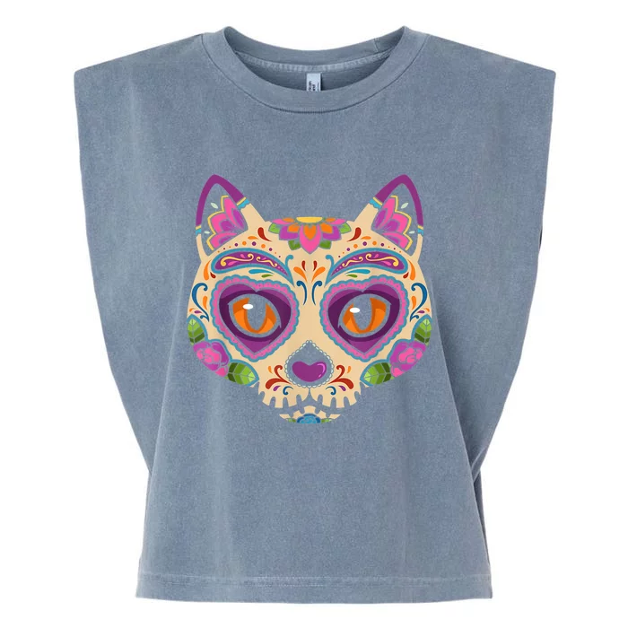 Cat Sugar Skull Mexico Calavera Dia De Los Muertos Halloween Garment-Dyed Women's Muscle Tee