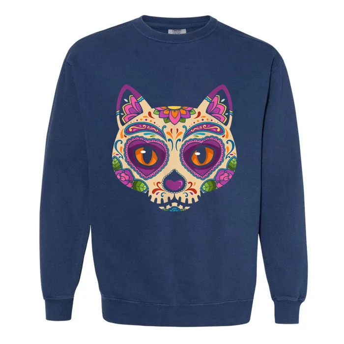 Cat Sugar Skull Mexico Calavera Dia De Los Muertos Halloween Garment-Dyed Sweatshirt