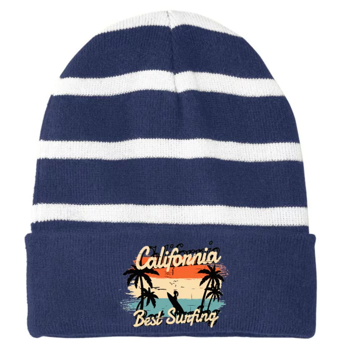 California Surfing Summer Beach Vintage Sunset Striped Beanie with Solid Band