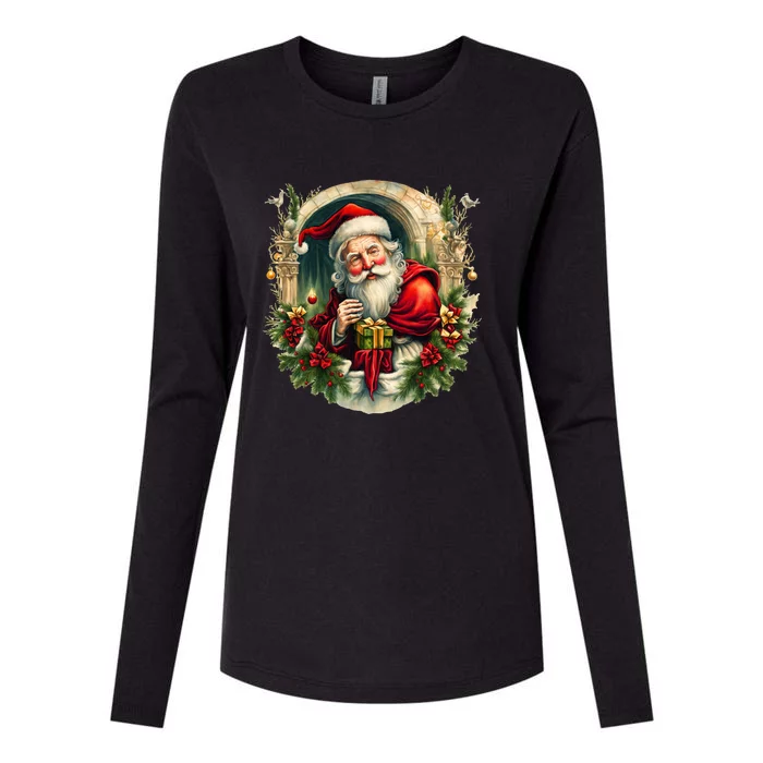 Christmas Spirit Santa Illustration Womens Cotton Relaxed Long Sleeve T-Shirt