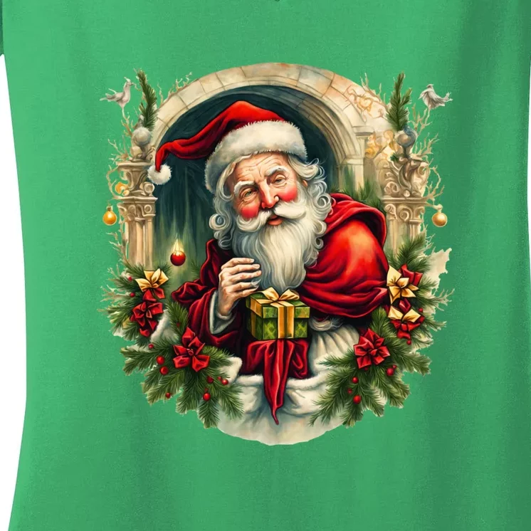 Christmas Spirit Santa Illustration Women's V-Neck T-Shirt