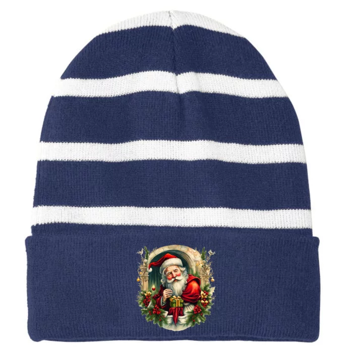 Christmas Spirit Santa Illustration Striped Beanie with Solid Band