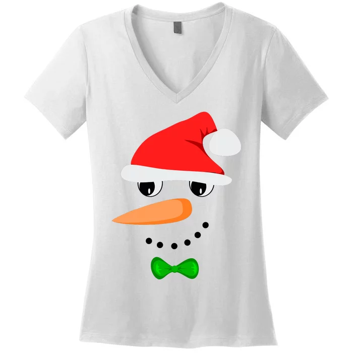 Cute Santa Snowman Face Funny Christmas Snowman Costume Women's V-Neck T-Shirt