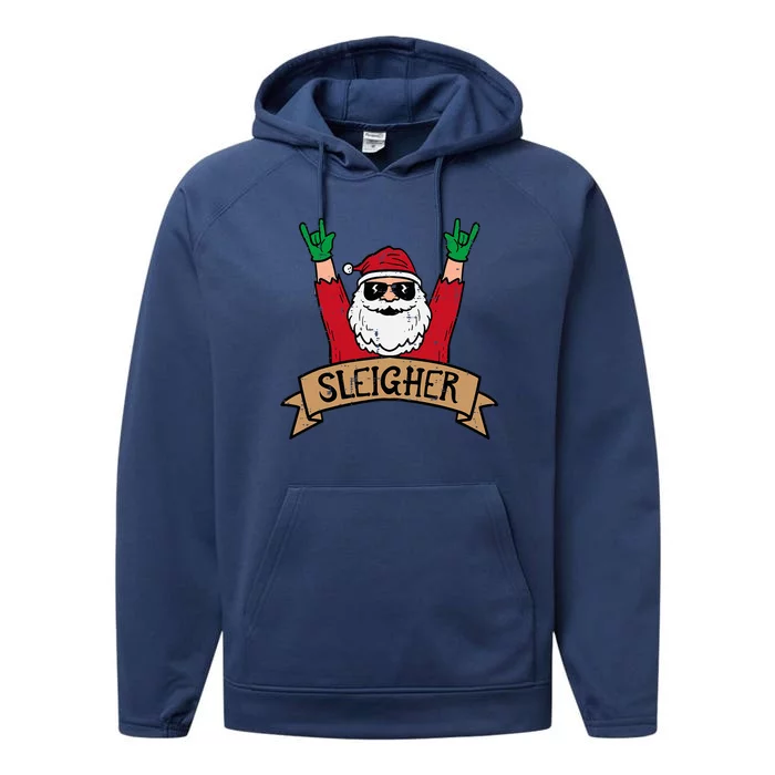 Christmas Sleigher Santa Rock Xmas Rocker Performance Fleece Hoodie