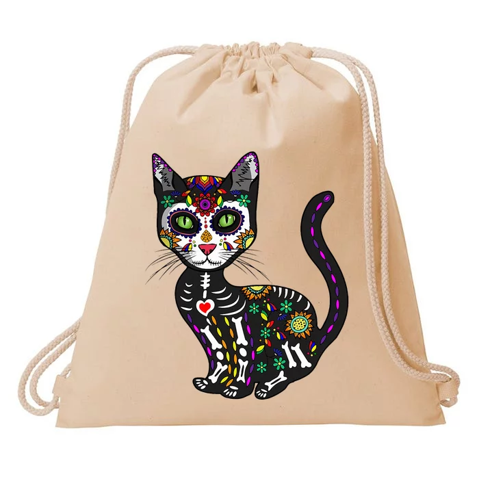 Cute Sugar Skull Mexican Cat Halloween Day Of The Dead Drawstring Bag