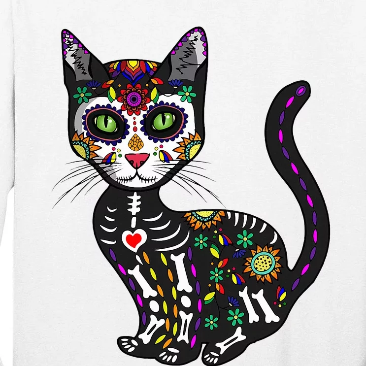 Cute Sugar Skull Mexican Cat Halloween Day Of The Dead Tall Long Sleeve T-Shirt