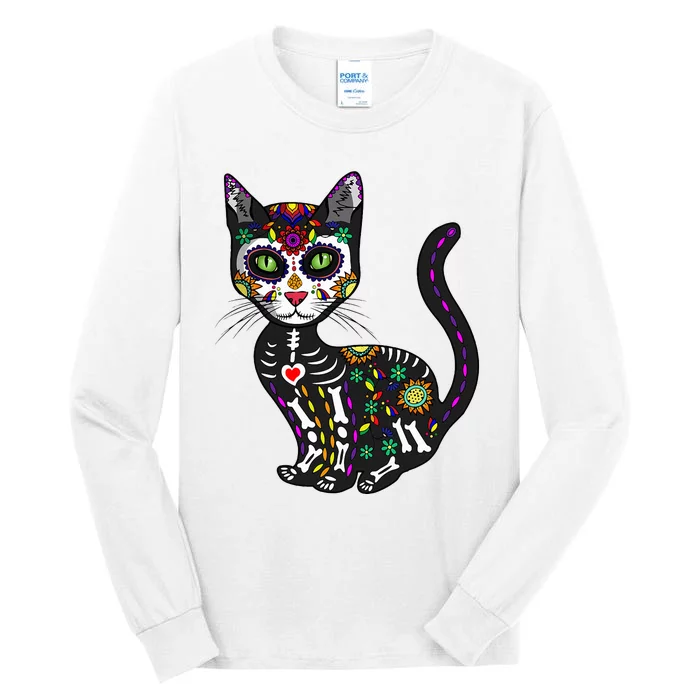 Cute Sugar Skull Mexican Cat Halloween Day Of The Dead Tall Long Sleeve T-Shirt